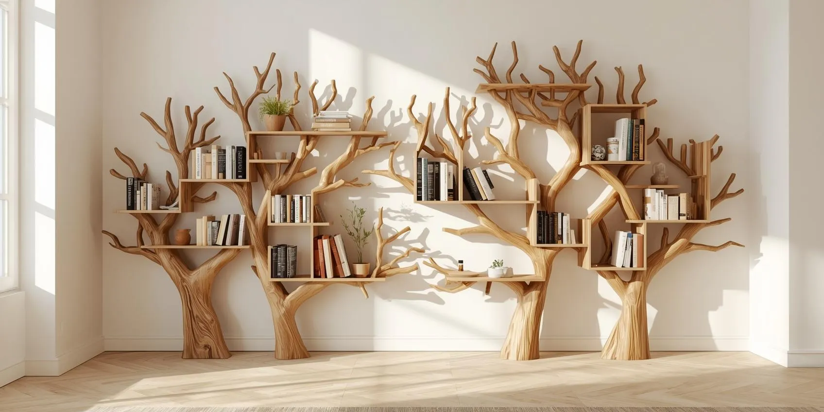 elegant banner featuring a collection of artistic wooden bookshelves